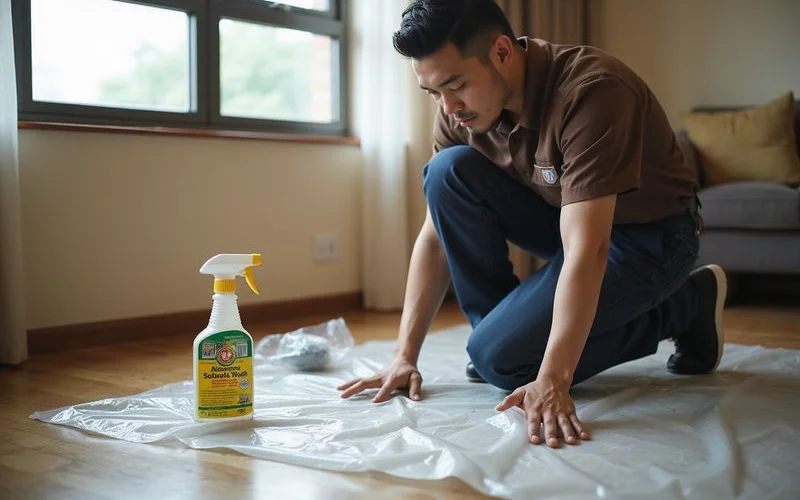 Aircond technician with professional chemical wash equipment and solutions ready for residential service call in Petaling Jaya area