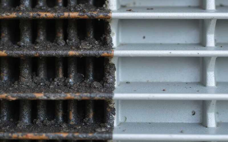 Close-up comparison showing dirty mould-covered evaporator coil before chemical wash and clean coil after thorough chemical treatment
