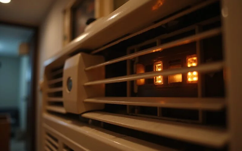 Close-up of aircond indoor unit display panel showing blinking error code indicator lights that signal a diagnostic fault condition