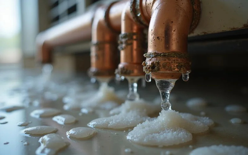 Close-up of condensation forming on aircond copper pipes with damaged insulation showing moisture buildup in humid Malaysian climate