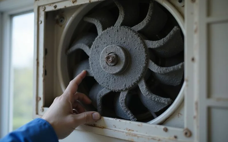 Close-up view of a dirty aircond blower fan covered with mould and dust buildup indicating the need for chemical wash treatment