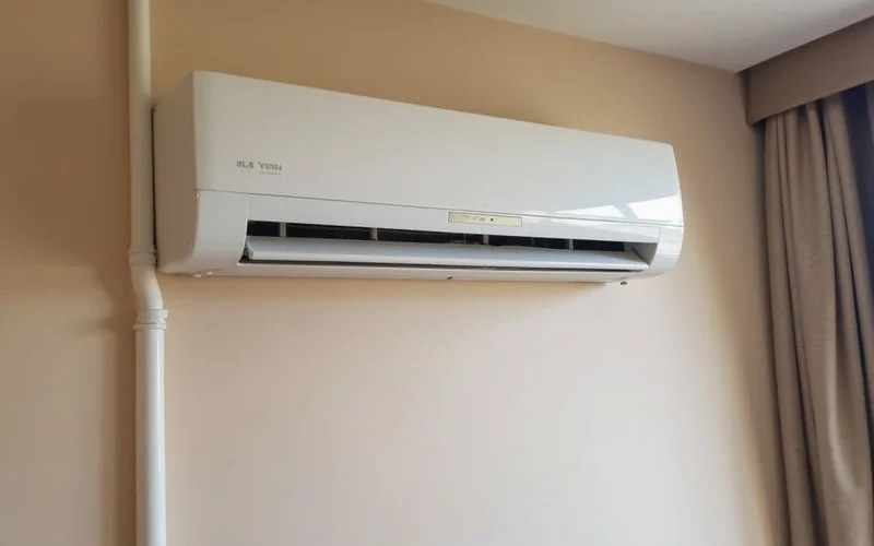 Interior view of completed aircond installation in a Petaling Jaya condominium bedroom with neat pipe trunking and clean wall mounting