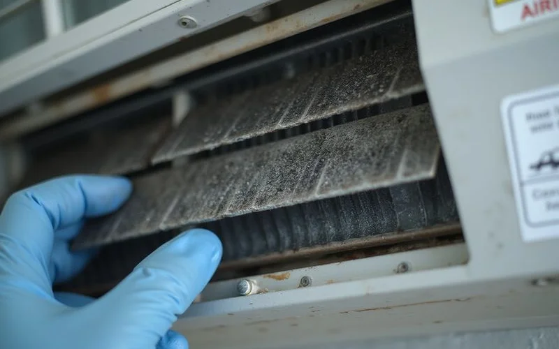 Dirty aircond evaporator coil covered with dust and grime compared to a clean coil after professional servicing in Malaysian climate