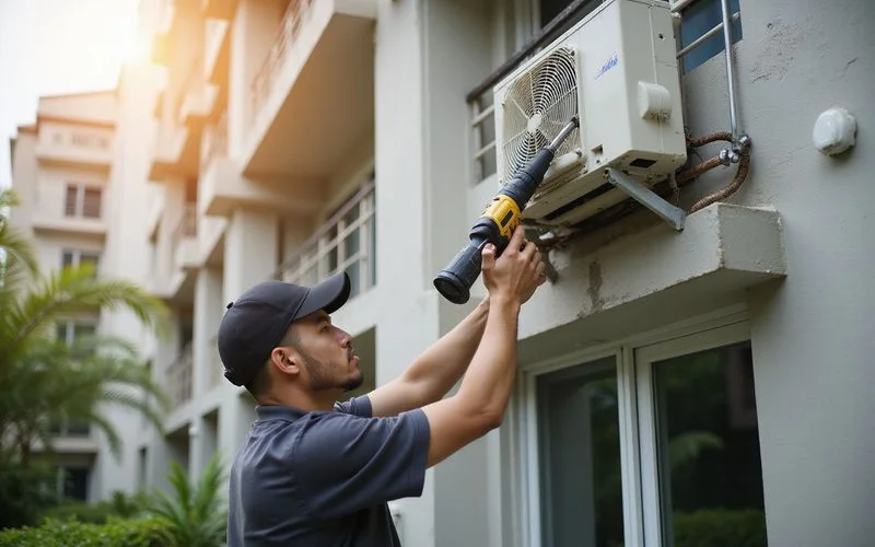 New aircond outdoor unit being positioned and mounted on external wall bracket by professional installation team at residential property