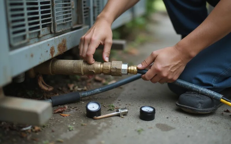 Technician connecting refrigerant pressure gauge to aircond outdoor unit service port to check gas levels and system pressure readings