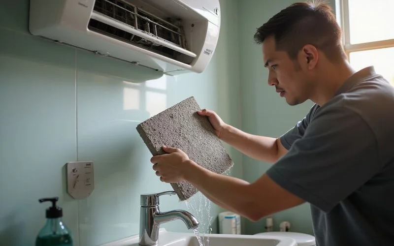 Technician performing standard aircond filter cleaning and basic dust removal on a wall-mounted split unit in a Petaling Jaya apartment