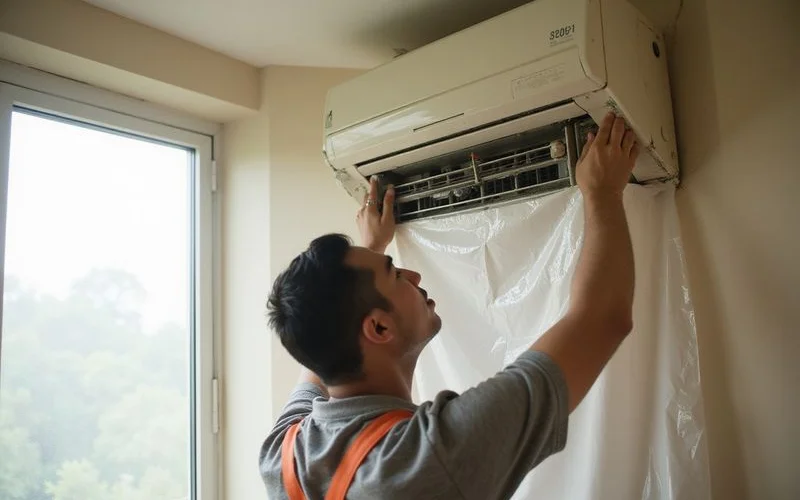 Technician setting up protective plastic sheeting and drainage bag underneath wall-mounted aircond unit before starting chemical wash process