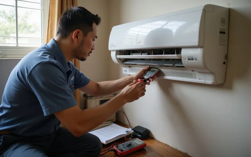 Technician using multimeter to diagnose aircond error code by testing electronic control board and sensor connections on indoor unit