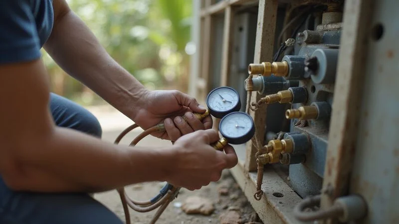 Aircond technician using manifold pressure gauges to check refrigerant levels before performing a gas top up on a residential unit