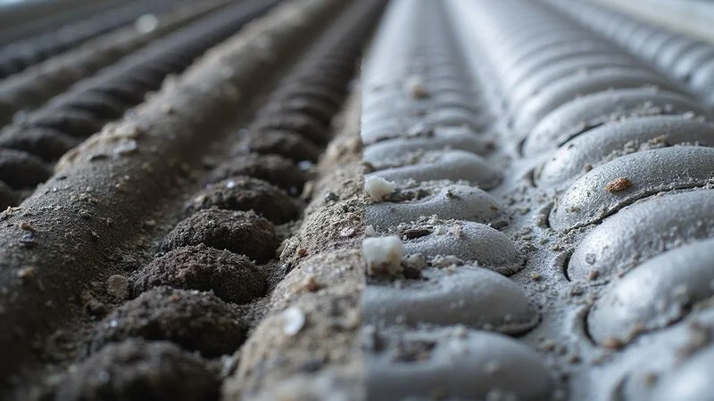 Before and after comparison of a dirty aircond evaporator coil covered in thick dust versus a clean coil after chemical wash service