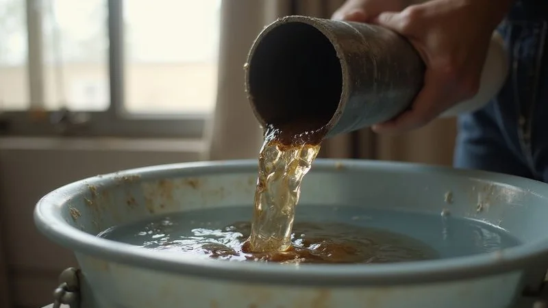 Technician performing chemical wash on aircond with dark contaminated water draining into collection bag showing heavy mould and dirt buildup