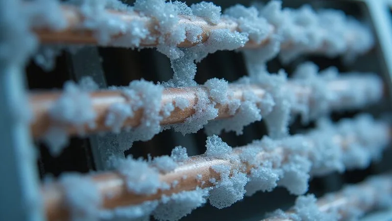 Close up view of ice and frost formation on aircond evaporator coil and copper pipes indicating low refrigerant gas levels