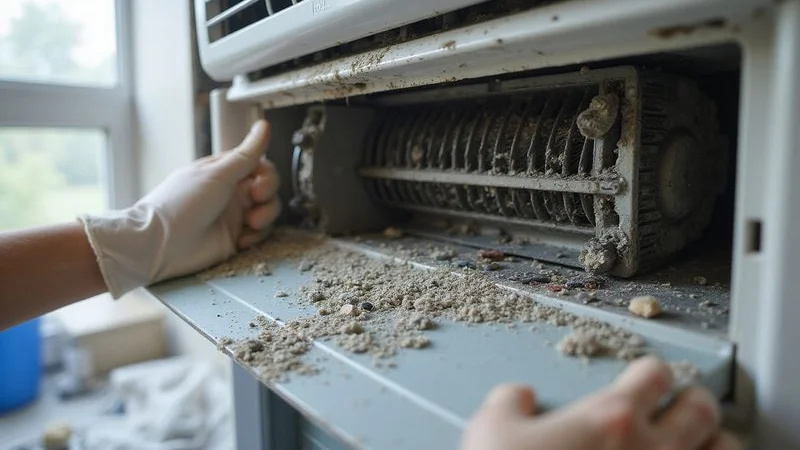Cross section diagram showing where mould and bacteria grow inside an aircond unit including evaporator coil drain pan and blower fan