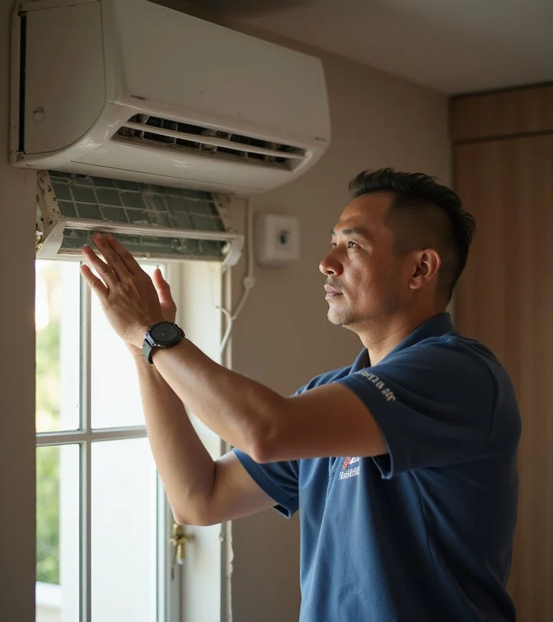 Senior PJ Kool technician inspecting an aircond unit