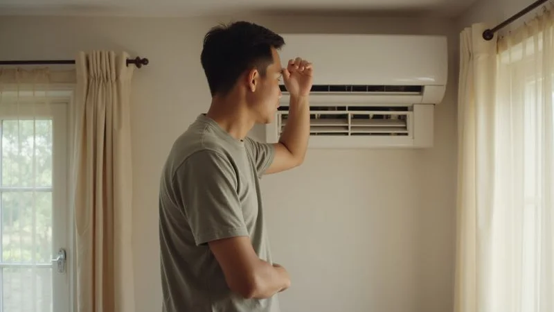 Homeowner listening carefully to wall mounted aircond indoor unit for unusual hissing or bubbling sounds that indicate refrigerant leak