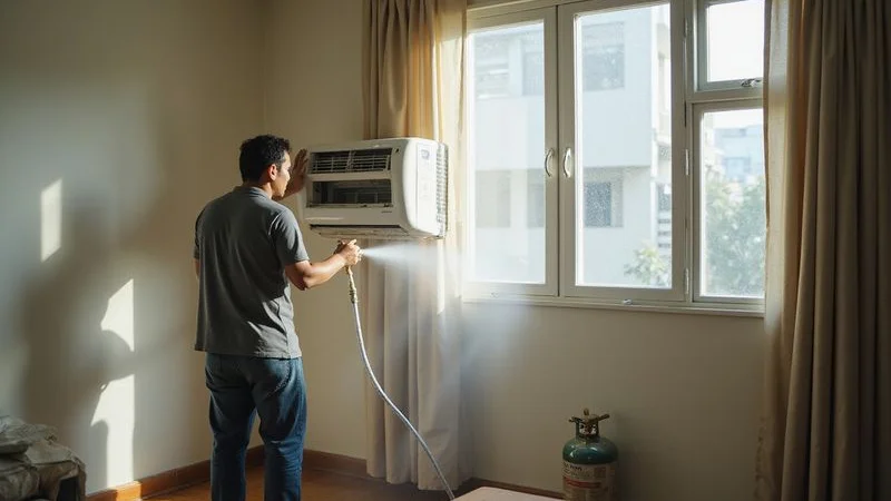 PJ Kool Aircond Service technician performing a complete chemical wash service with complimentary gas top up on a wall mounted unit
