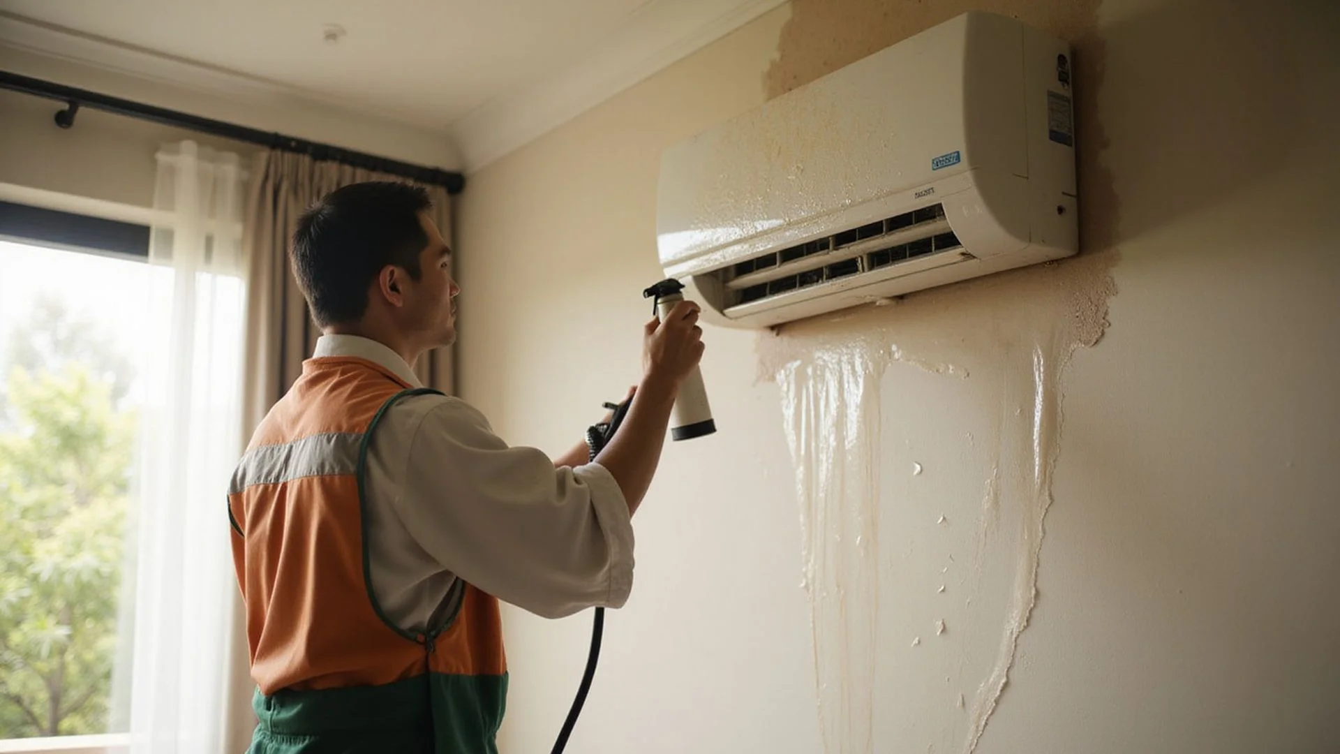 PJ Kool technician performing aircond chemical wash service