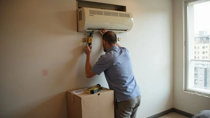 Professional aircond installation technician mounting a wall-mounted split unit in a Petaling Jaya condominium bedroom setting
