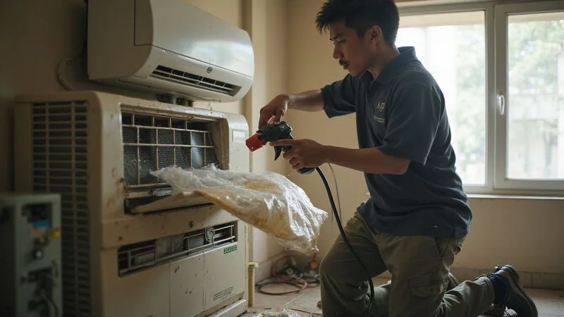 Professional technician performing a thorough chemical wash on aircond evaporator coil with protective sheeting covering the wall area