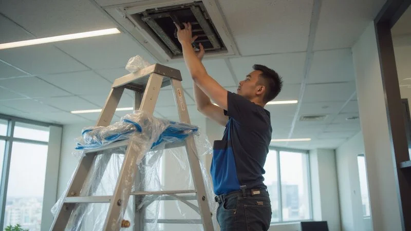 Professional aircond technician performing quarterly chemical cleaning service on a ceiling cassette unit inside a modern Petaling Jaya office