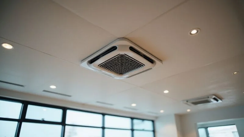 Side by side comparison of a ceiling cassette aircond flush with the ceiling and a wall mounted split unit in a commercial office setting