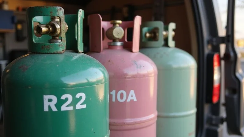 Side by side comparison of three refrigerant gas cylinders R22 R410A and R32 showing colour coding used by Malaysian aircond technicians